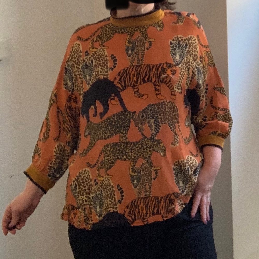 Anthropologie Orange Animal Print Blouse with Black and Gold Accents